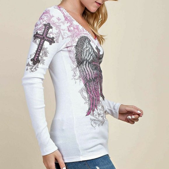NWT VOCAL white L/S EMBELLISHED RIB THERMAL CROSS shirt embellished biker  SM-XL - Picture 3 of 6